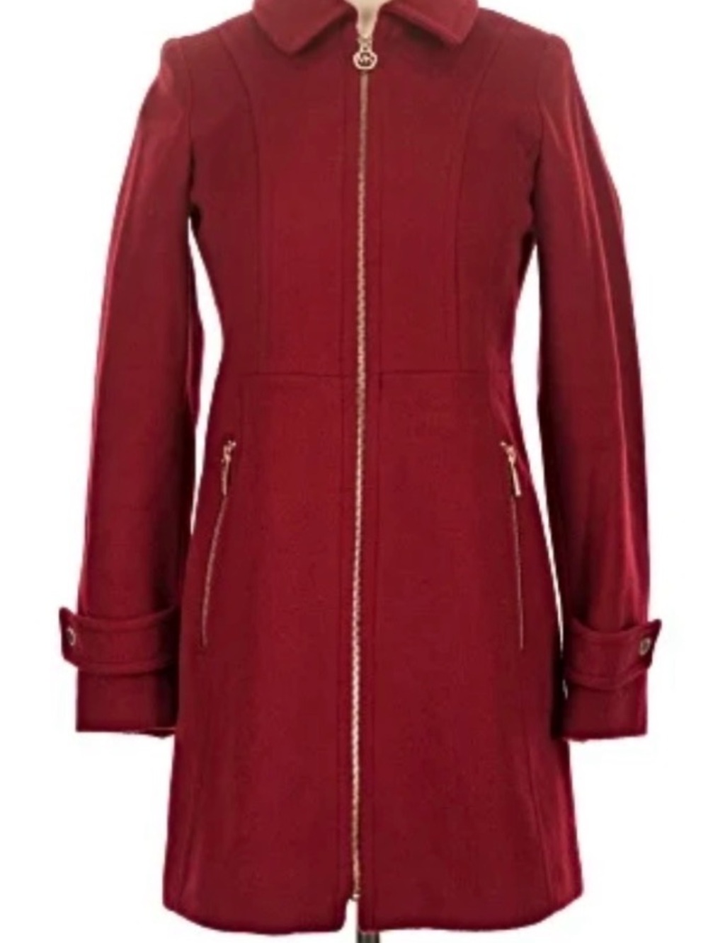Michael Kors Burgundy Zip-Front Long Sleeve Coat